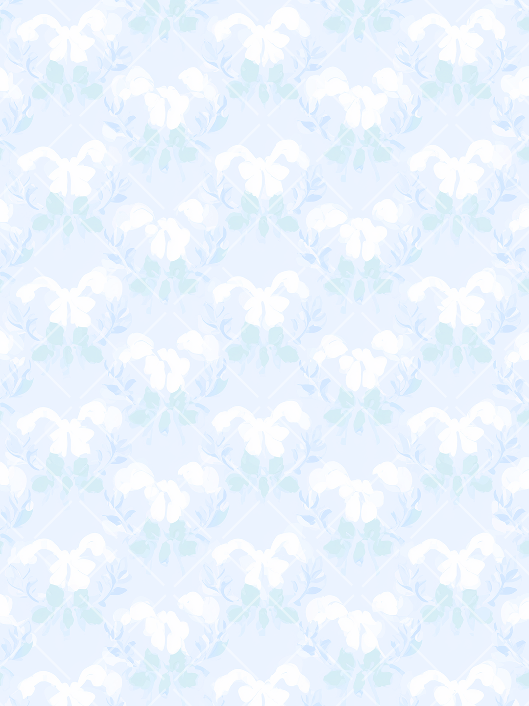Seamless watercolor pattern of white cotton bolls and blue-green leaves on a pale blue diagonal trellis background
