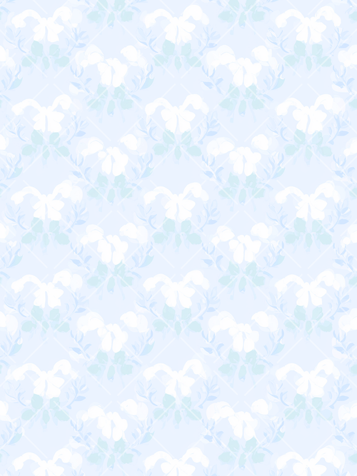 Seamless watercolor pattern of white cotton bolls and blue-green leaves on a pale blue diagonal trellis background