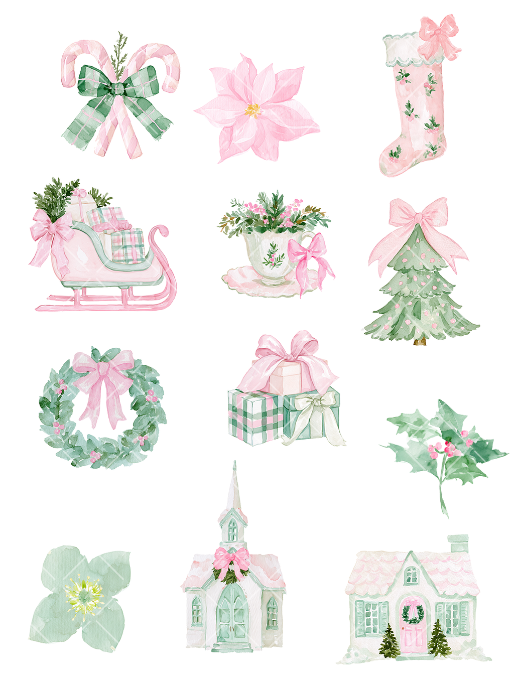 Pink and green watercolor Christmas clipart featuring candy canes, bows, gifts, a tree, wreath, stocking, sleigh, holly, church, and cottage.