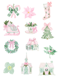 Pink and green watercolor Christmas clipart featuring candy canes, bows, gifts, a tree, wreath, stocking, sleigh, holly, church, and cottage.