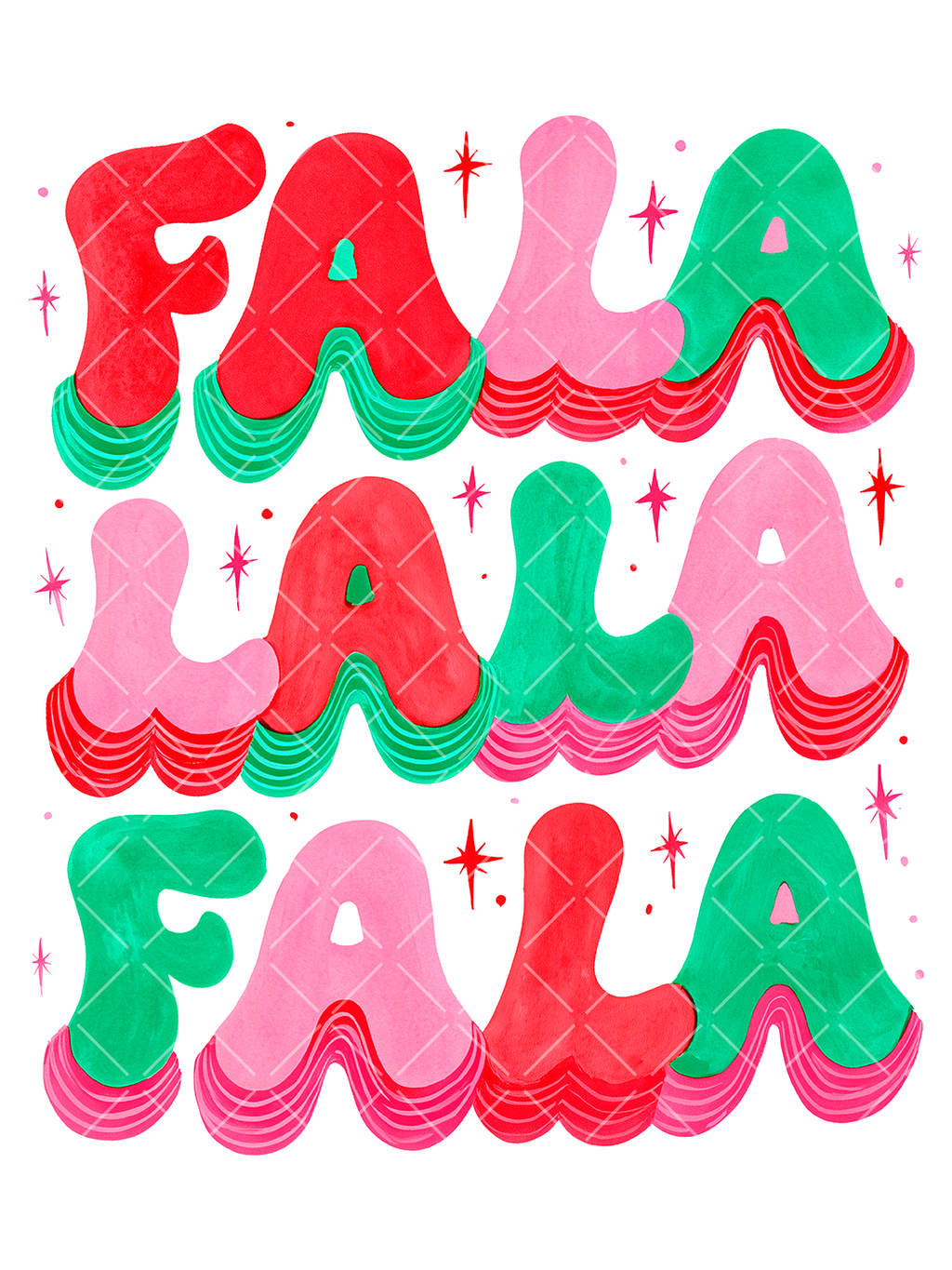 Retro Fa La La Christmas design with stacked red, pink, and green bubble lettering, wavy details, and festive starbursts.