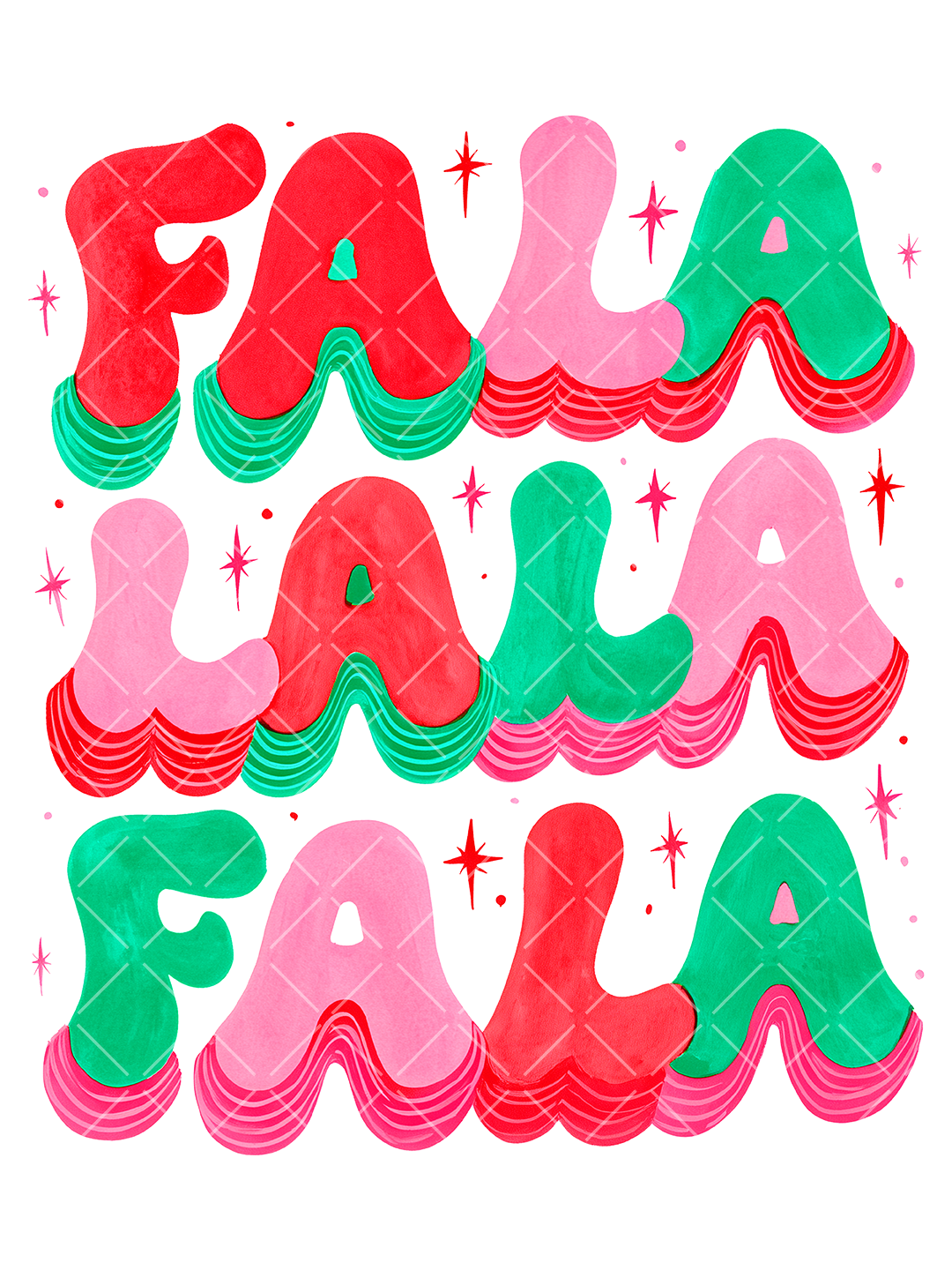 Retro Fa La La Christmas design with stacked red, pink, and green bubble lettering, wavy details, and festive starbursts.