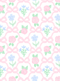 Watercolor seamless pattern of large pink bows, pink roses, blue flowers, and green leaves on a white background.