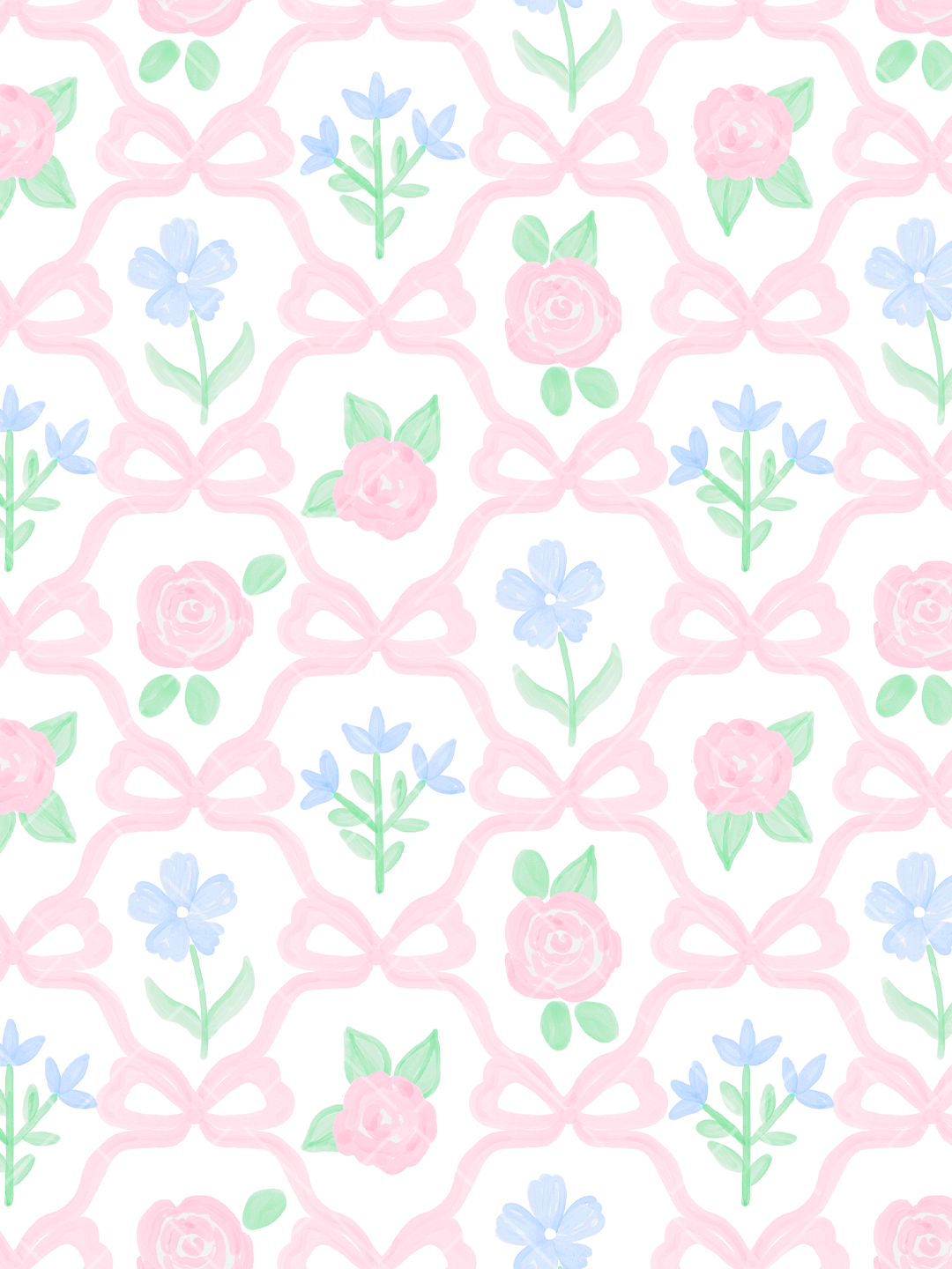 Watercolor seamless pattern of large pink bows, pink roses, blue flowers, and green leaves on a white background.