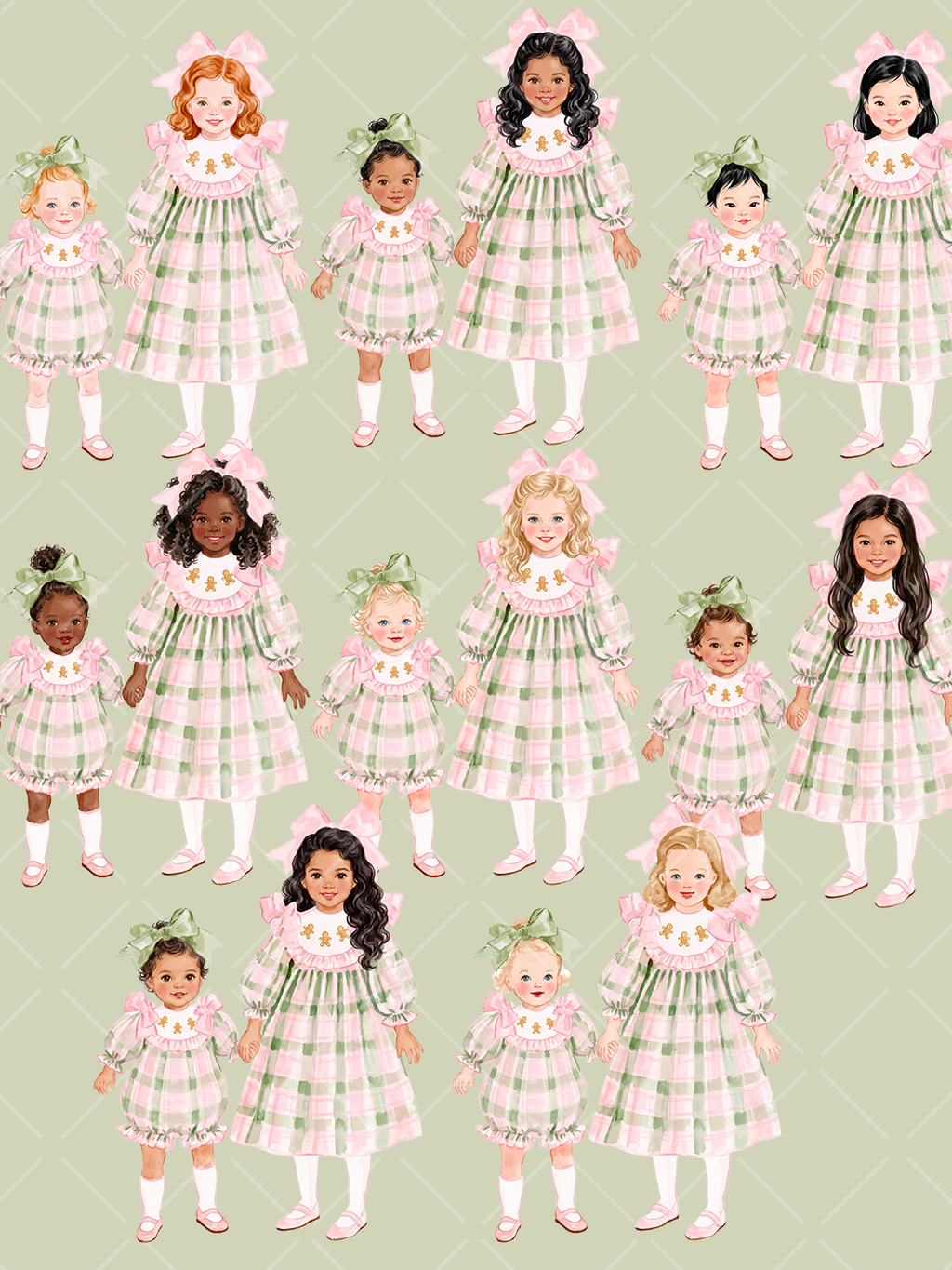 Watercolor clipart preview of multicultural big and little sisters wearing matching pink and green plaid Christmas dresses with bows and gingerbread details.