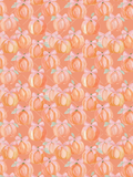 Seamless watercolor pattern of peach orange pumpkins topped with pink bows and pale green leaves on a warm peach trellis background