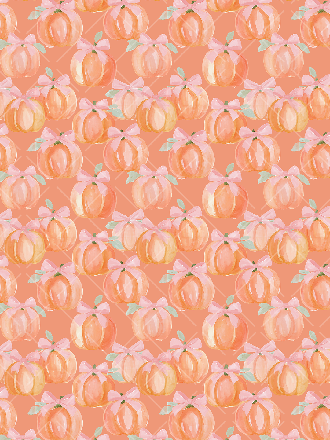 Seamless watercolor pattern of peach orange pumpkins topped with pink bows and pale green leaves on a warm peach trellis background
